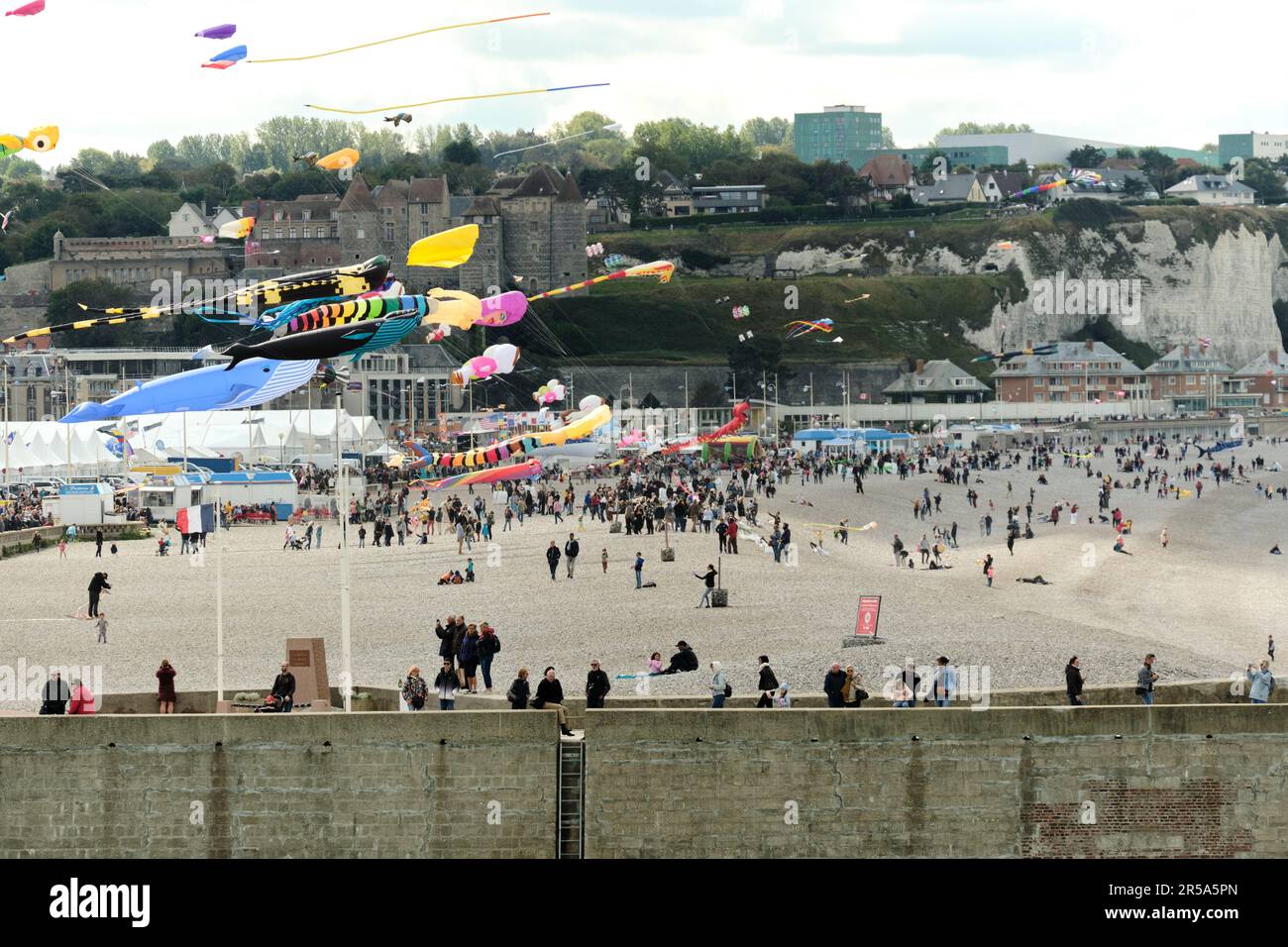 Dieppe, Normandy, France 18 Sep 2022. Various kites fill the sky over