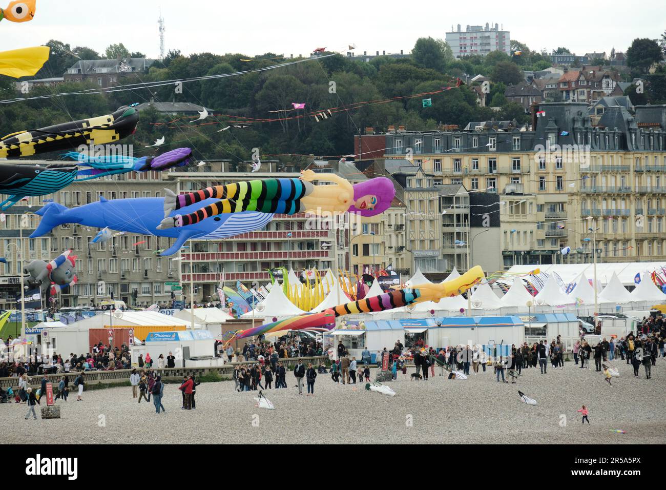 Dieppe, Normandy, France 18 Sep 2022. Various kites fill the sky over Dieppe Beach for the