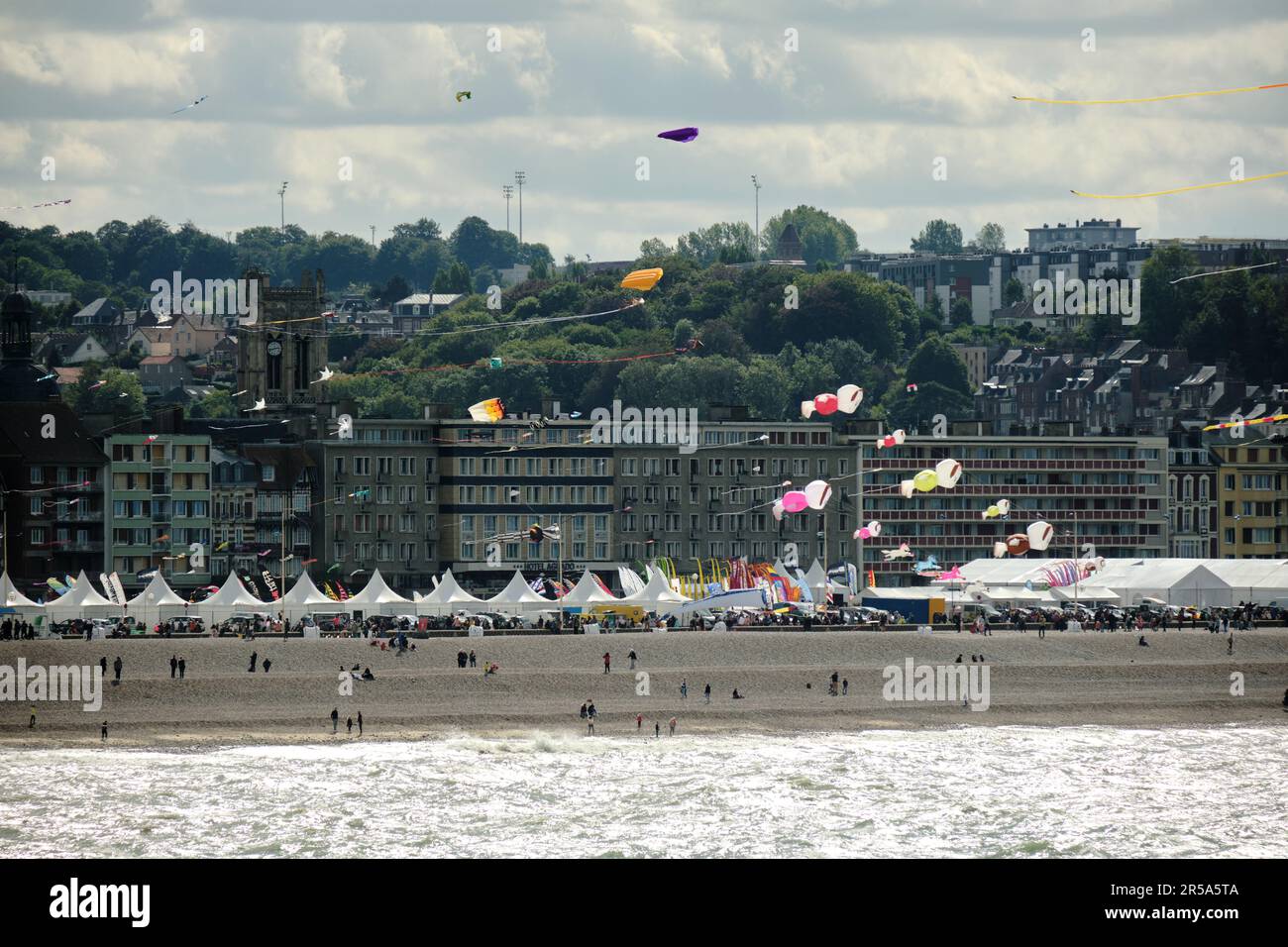 Dieppe, Normandy, France 18 Sep 2022. Various kites fill the sky over Dieppe Beach for the