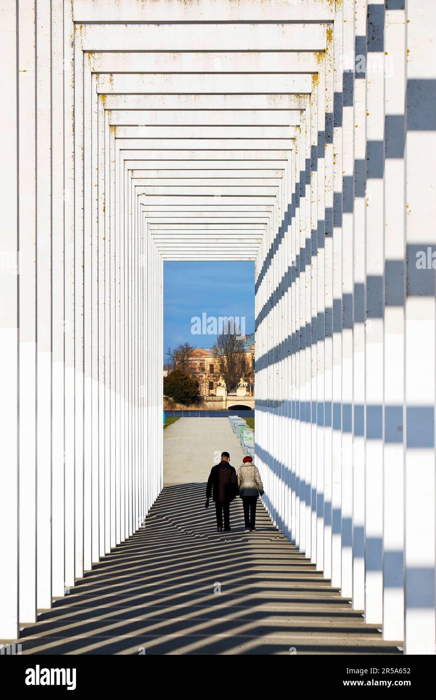 avenue of the Gates of Heaven, modern cloister in the Bauhaus style, Floating Meadow, Germany, Mecklenburg-Western Pomerania, Schwerin Stock Photo