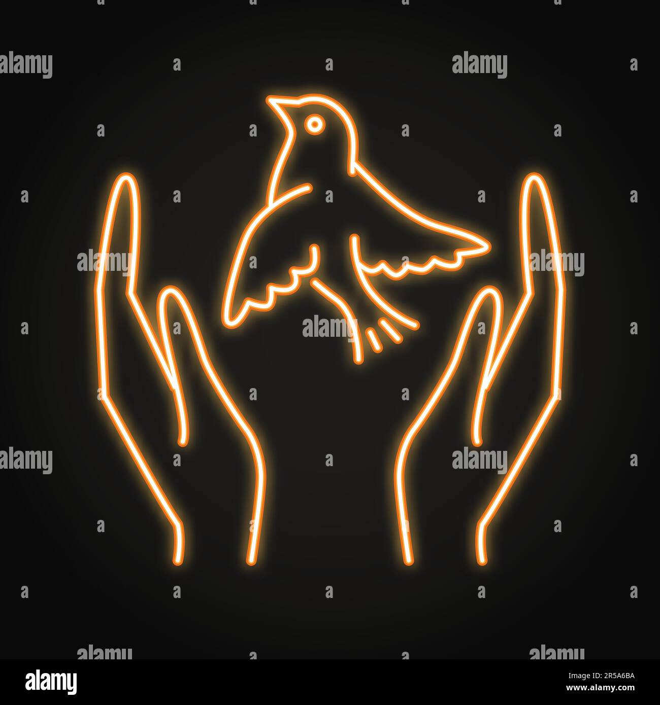 Hands holding bird neon icon. Dove of peace symbol. Hand releasing pigeon. Vector illustration. Stock Vector