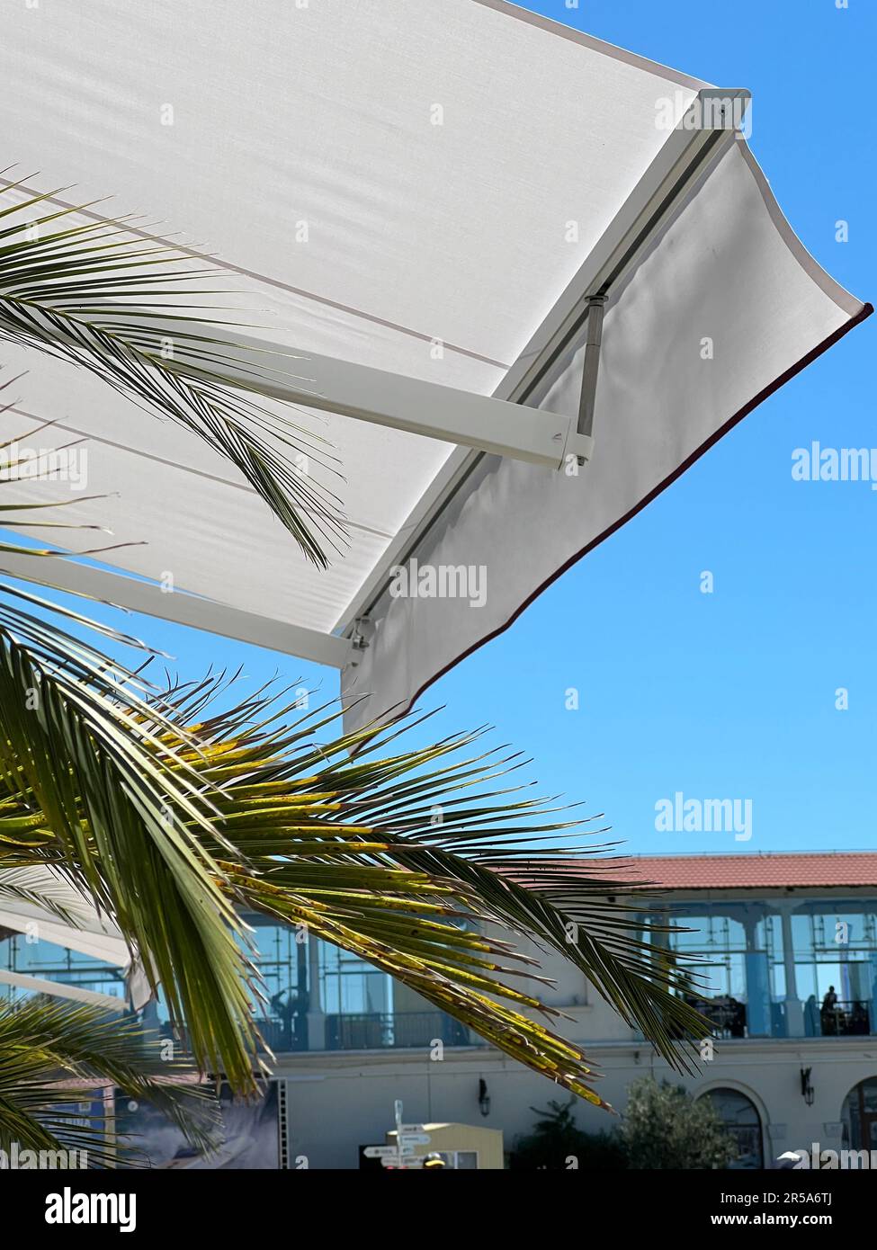 white fabric awning with the palm leaves. white sunshade. Stock Photo