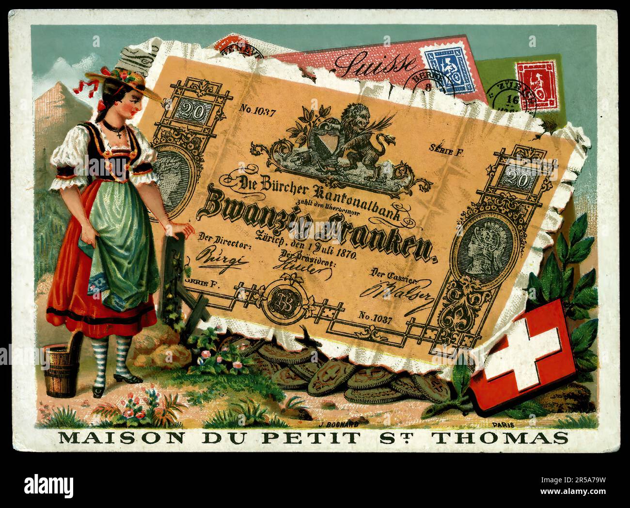 Swiss Banknote - Vintage French Tradecard, Belle Epoque Era Stock Photo ...