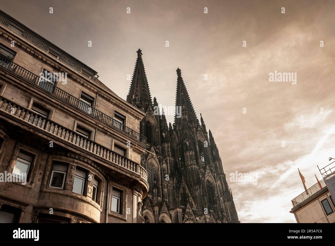 Picture of the cologne cathedral seen from below during the afternoon. Cologne Cathedral is a Catholic cathedral in Cologne, North Rhine-Westphalia. I Stock Photo
