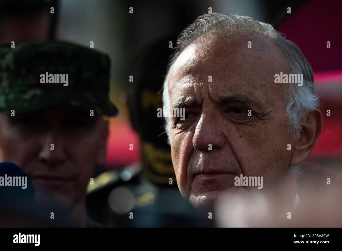 Colombia's minister of defense Ivan Velasquez gives a press conference during a military honors recognition event in Bogota, Colombia, May 20, 2023. Stock Photo