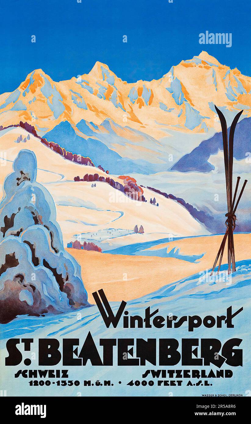 Antique travel poster - Wintersport St Beatenberg, Schweiz, Switzerland, 1930s - unknown artist. Stock Photo