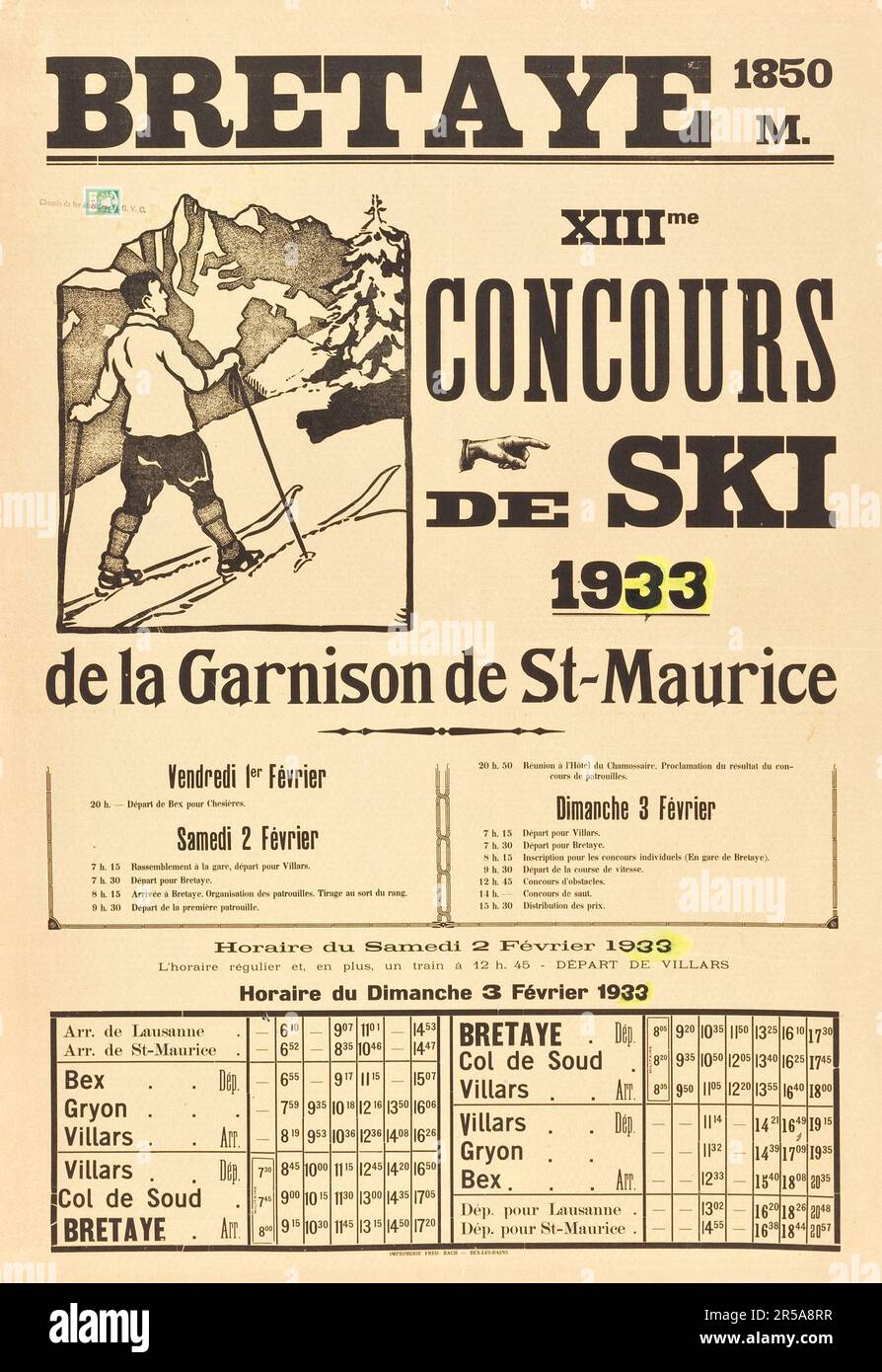 Bretaye, Course defond interclubs - Ski competition. Switzerland Travel Posters (1933) Unknown artist. Stock Photo