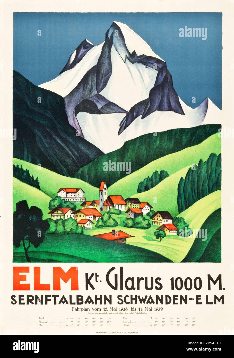 Elm, Kt Glarus 1000 M, Sernftalbahn Schwanden-Elm, Switzerland Travel Poster (1928) - Vintage calendar. Unknown artist. Stock Photo