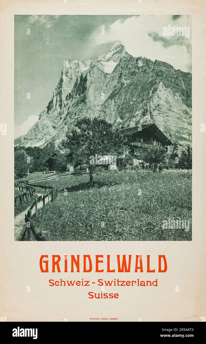 Grindelwald - Vintage Switzerland Travel Poster - feat a vintage photo (1930s) Unknown photographer. Stock Photo