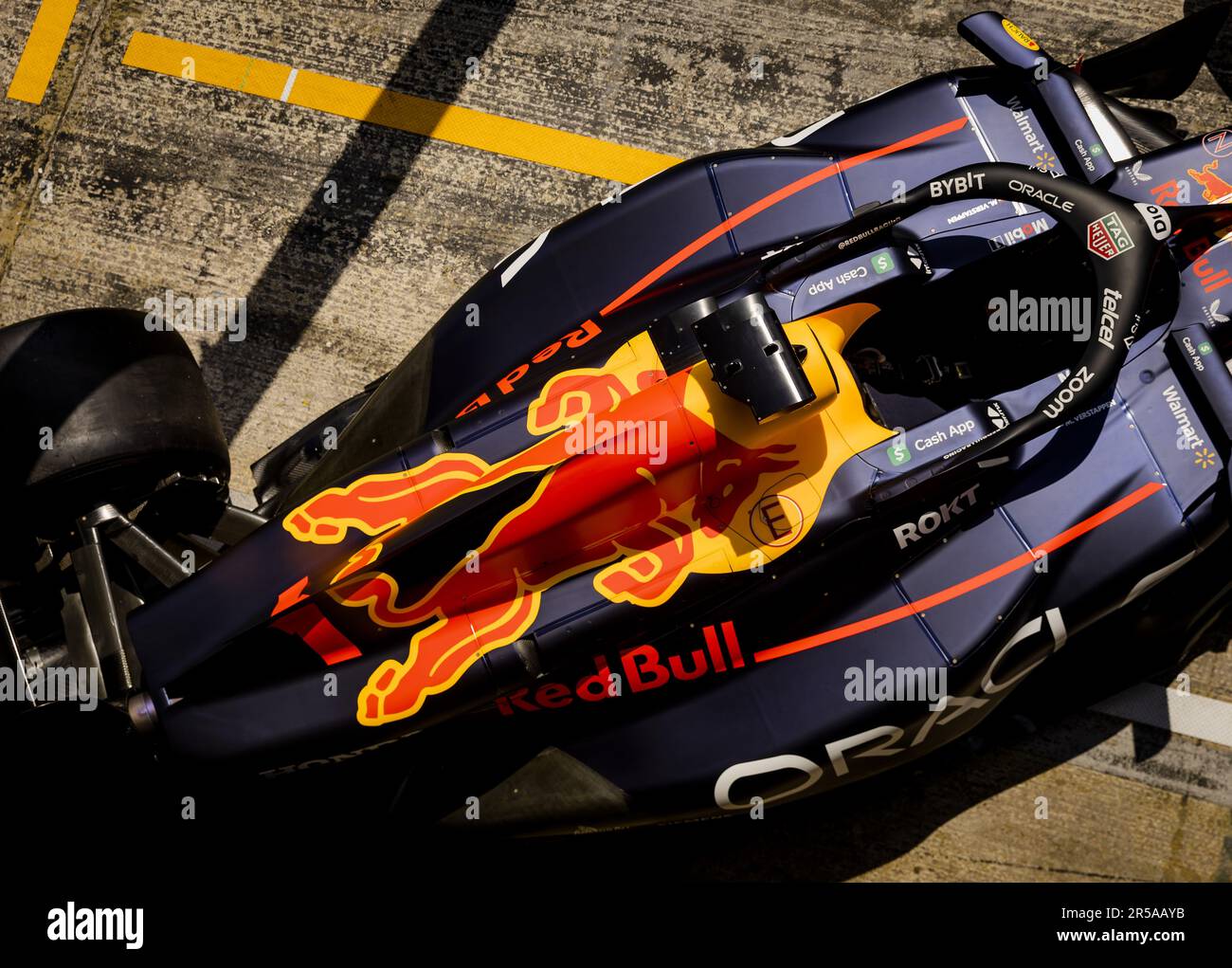 BARCELONA - 02/06/2023, The car of Max Verstappen (Red Bull Racing) prior to the 1st free practice for the Grand Prix of Spain. ANP SEM VAN DER WAL Stock Photo