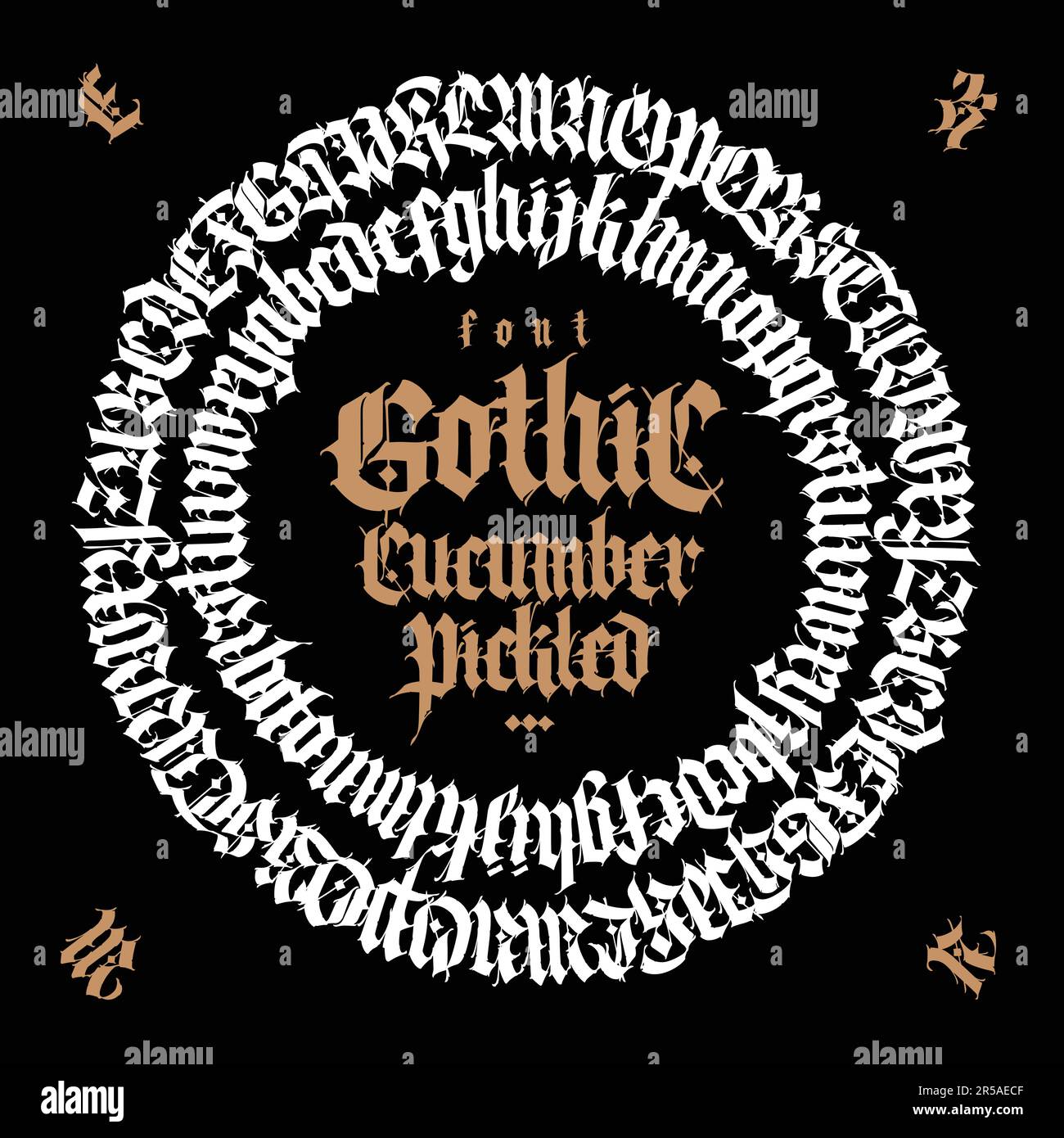 Gothic. Vector. Uppercase letters on a dark background. Beautiful and stylish calligraphy. Elegant European typeface for tattoo and design. Medieval G Stock Vector