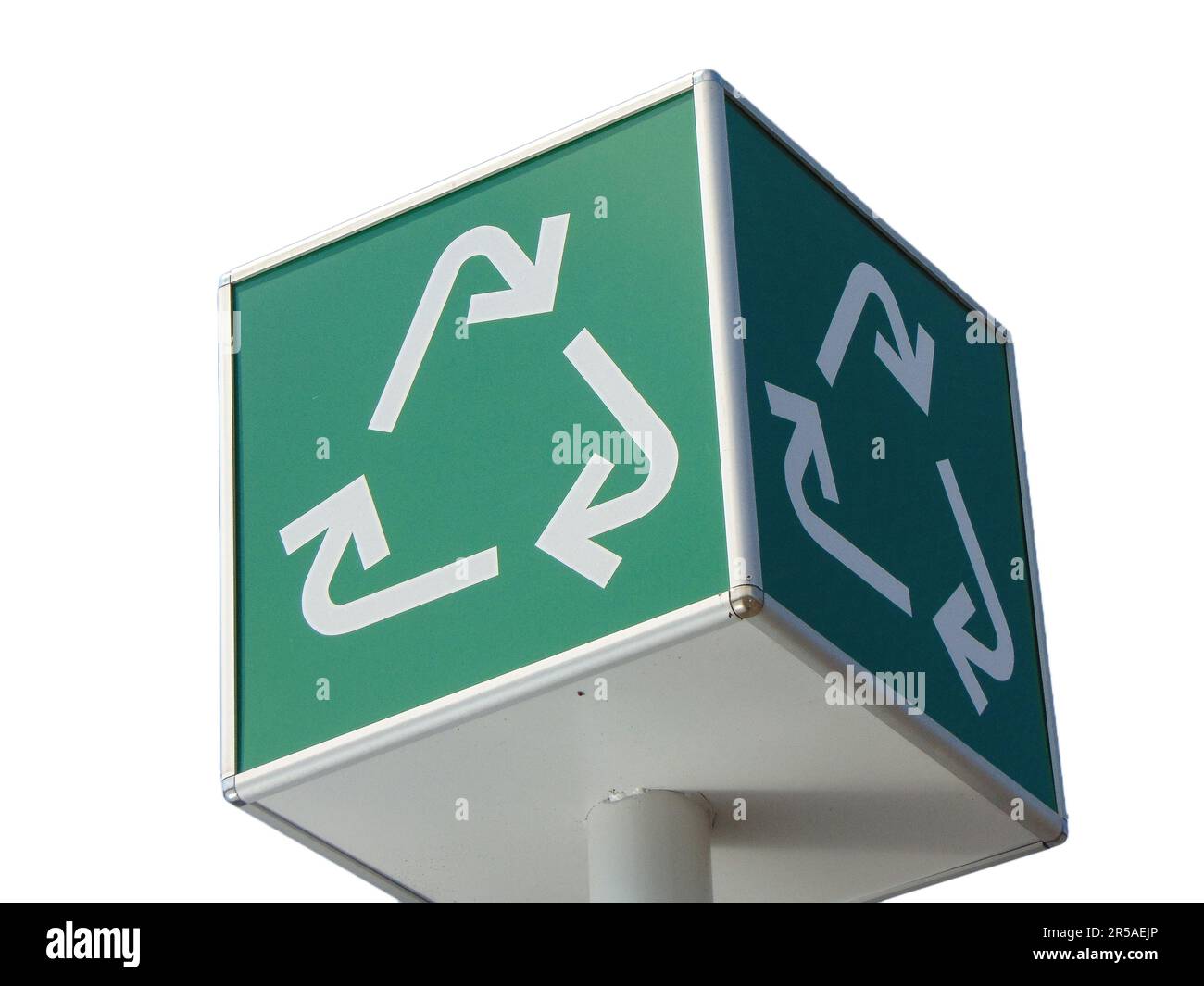Recycling sign placed on a cube isolated on white Stock Photo