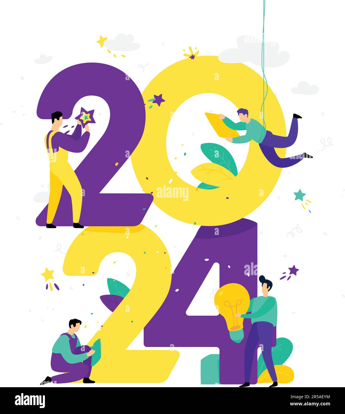 New year 2024. Meeting the new year. Vector. Business people greet Christmas and New Year. New Horizons. Preparation for the holiday. Business metapho Stock Vector