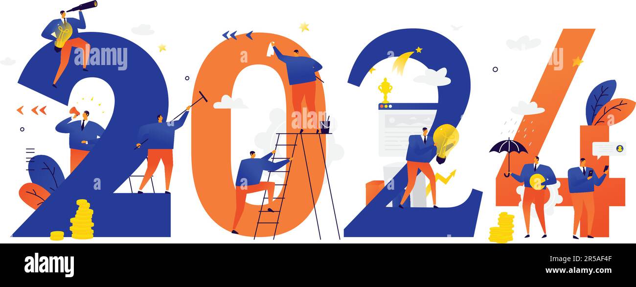 New year 2024. Meeting the new year. Vector. Business people celebrate Christmas and New Year. New Horizons. Preparation for the holiday. Business met Stock Vector