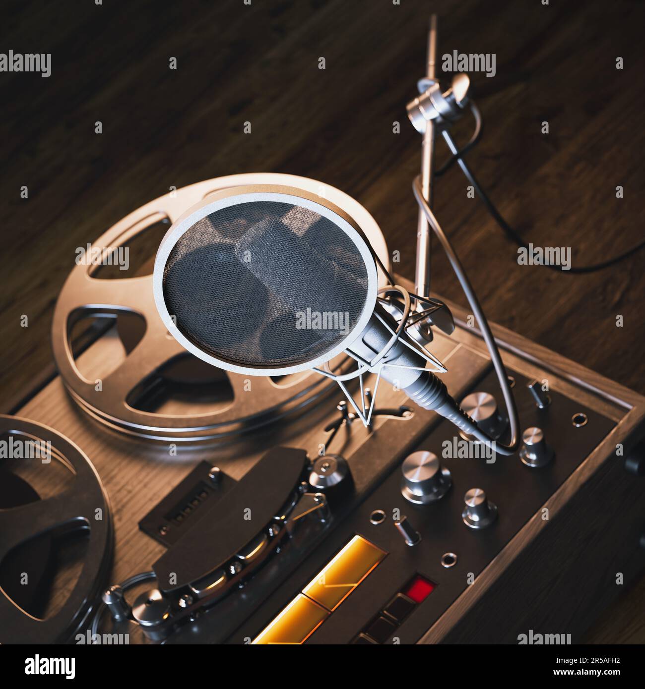 Analog stereo reel tape deck recorder. The player with metal reels. Vintage  Reel-to-reel. Recording studio condenser microphone with pop filter and an  Stock Photo - Alamy