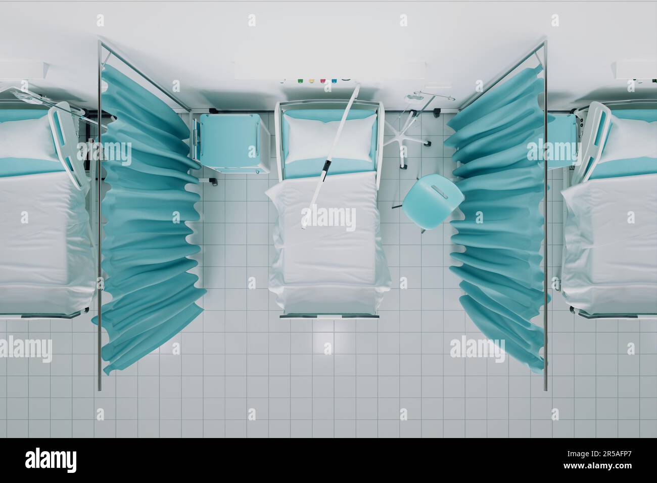 Medical beds at the hospital. Concept of intensive care beds for patients. The line of beds