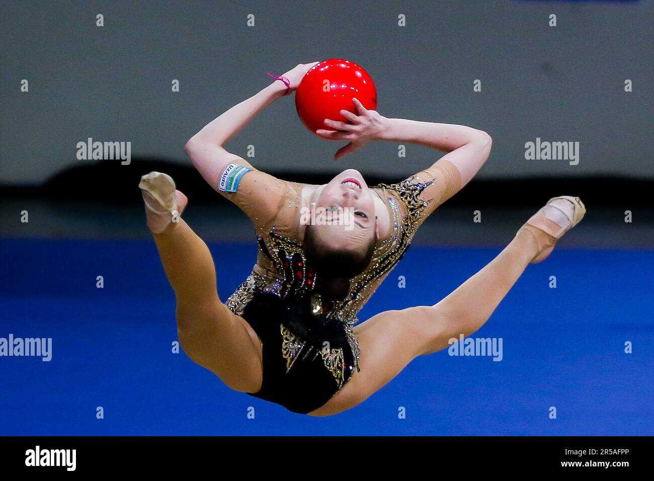 Manila. 2nd June, 2023. Takhmina Ikromova of Uzbekistan competes in the ball event of senior's all-around final at the 14th Senior and 19th Junior Rhythmic Gymnastics Asian Championships in Manila, the Philippines on June 2, 2023. Credit: Rouelle Umali/Xinhua/Alamy Live News Stock Photo