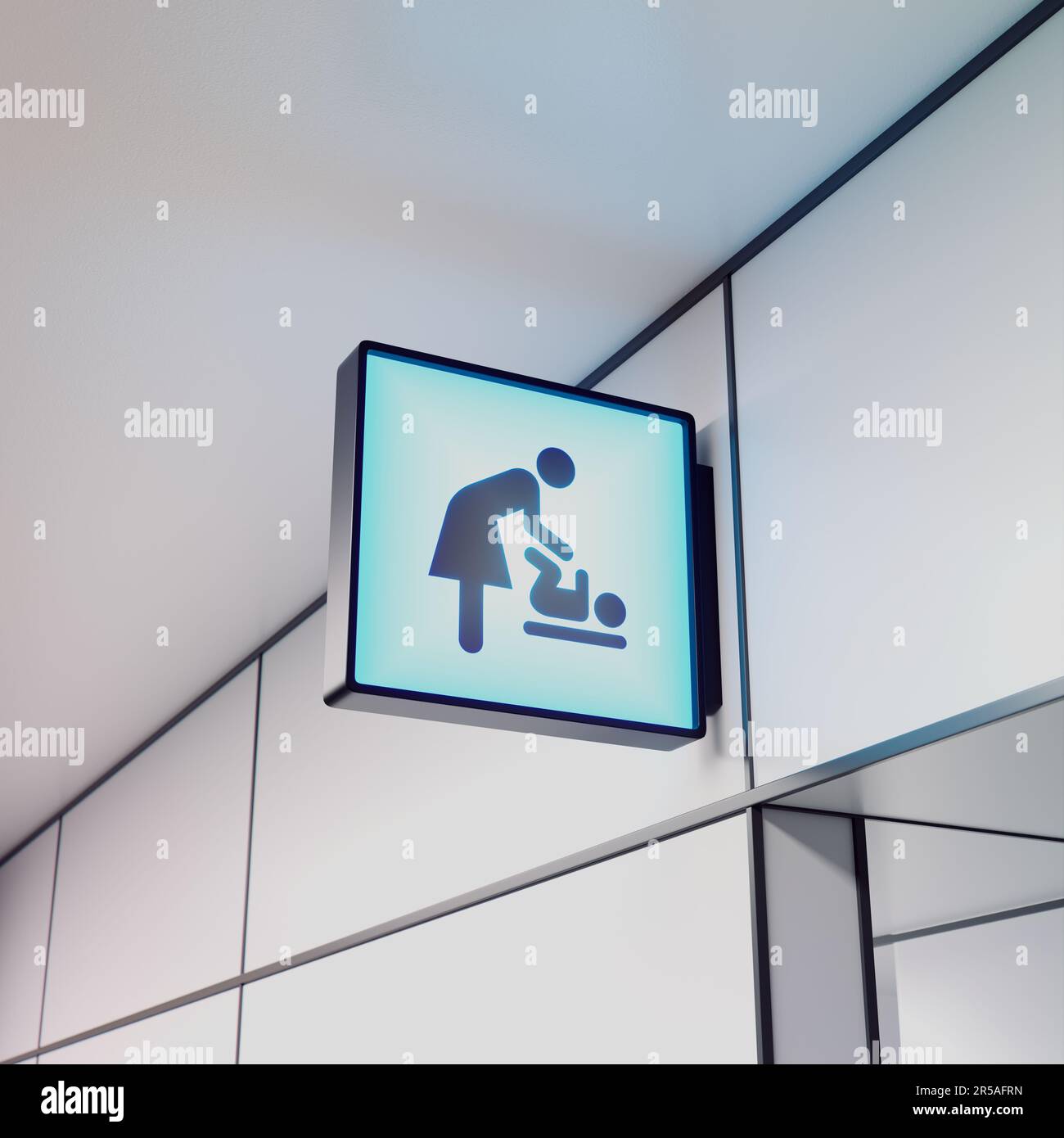 A blue square sign above the entrance to a baby care room at the