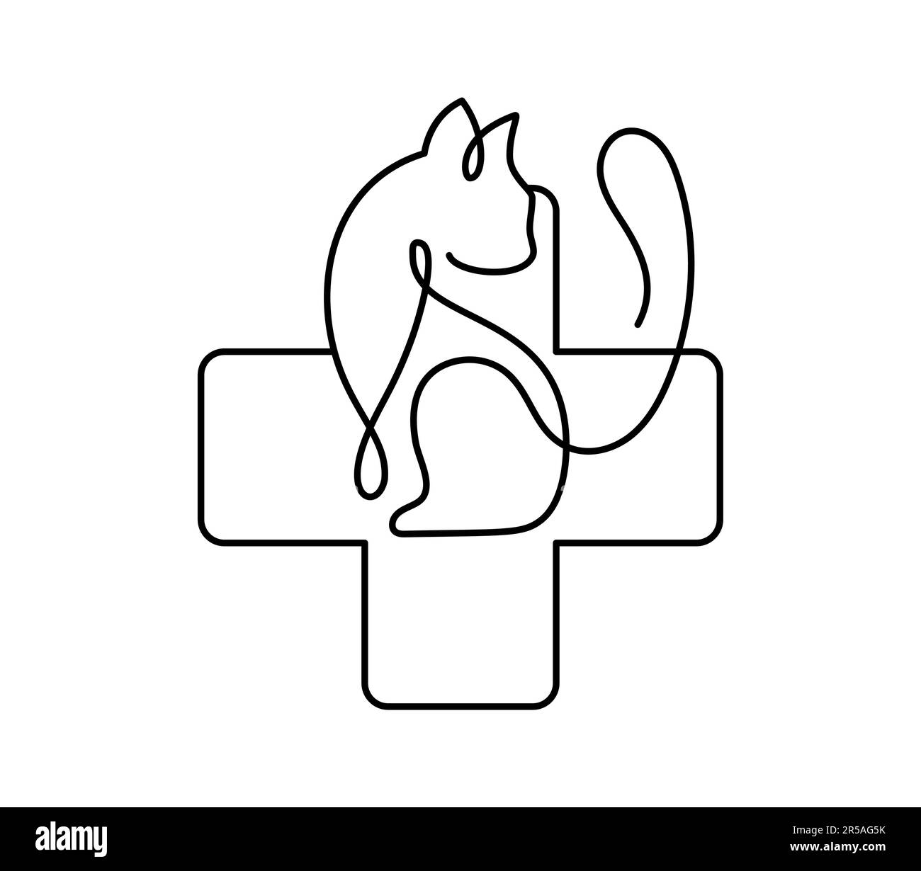 Veterinarian clinic. Cat and cross monoline logo vector icon. Vet hospital for animals. Dogs or cats treatment. Kitty and puppy on veterinary Stock Vector