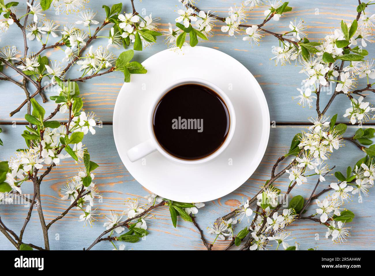 Cup of fresh black coffee and cherry blossom branches on blue wooden background. Coffee break. Spring flowers. Flat lay, top view. Stock Photo