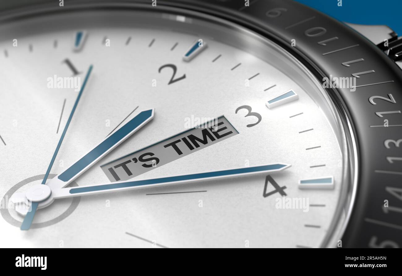 3d render of a conceptual watch with blue needles. It's time to change, take action immediately concept Stock Photo