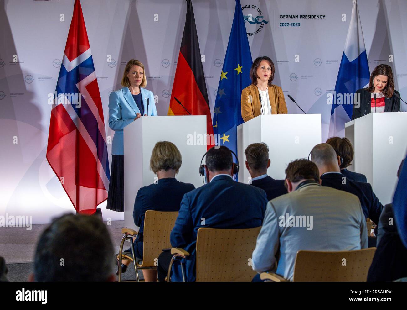Mecklenburg-Western Pomerania, Wismar: 02 June 2023,  Annalena Baerbock (Bündnis 90/Die Grünen, M), German Foreign Minister, attends a press conference after the Council of the Baltic Sea States meeting together with Anniken Huitfeldt (l), Foreign Minister of Norway, and Johanna Sumuvuori (r), State Secretary at the Ministry of Foreign Affairs in Finland. The eight Baltic Sea states of Germany, Denmark, Estonia, Finland, Lithuania, Latvia, Poland and Sweden, Iceland, Norway and the EU are discussing further responses to Russia's war of aggression on Ukraine, enhancing energy security through t Stock Photo