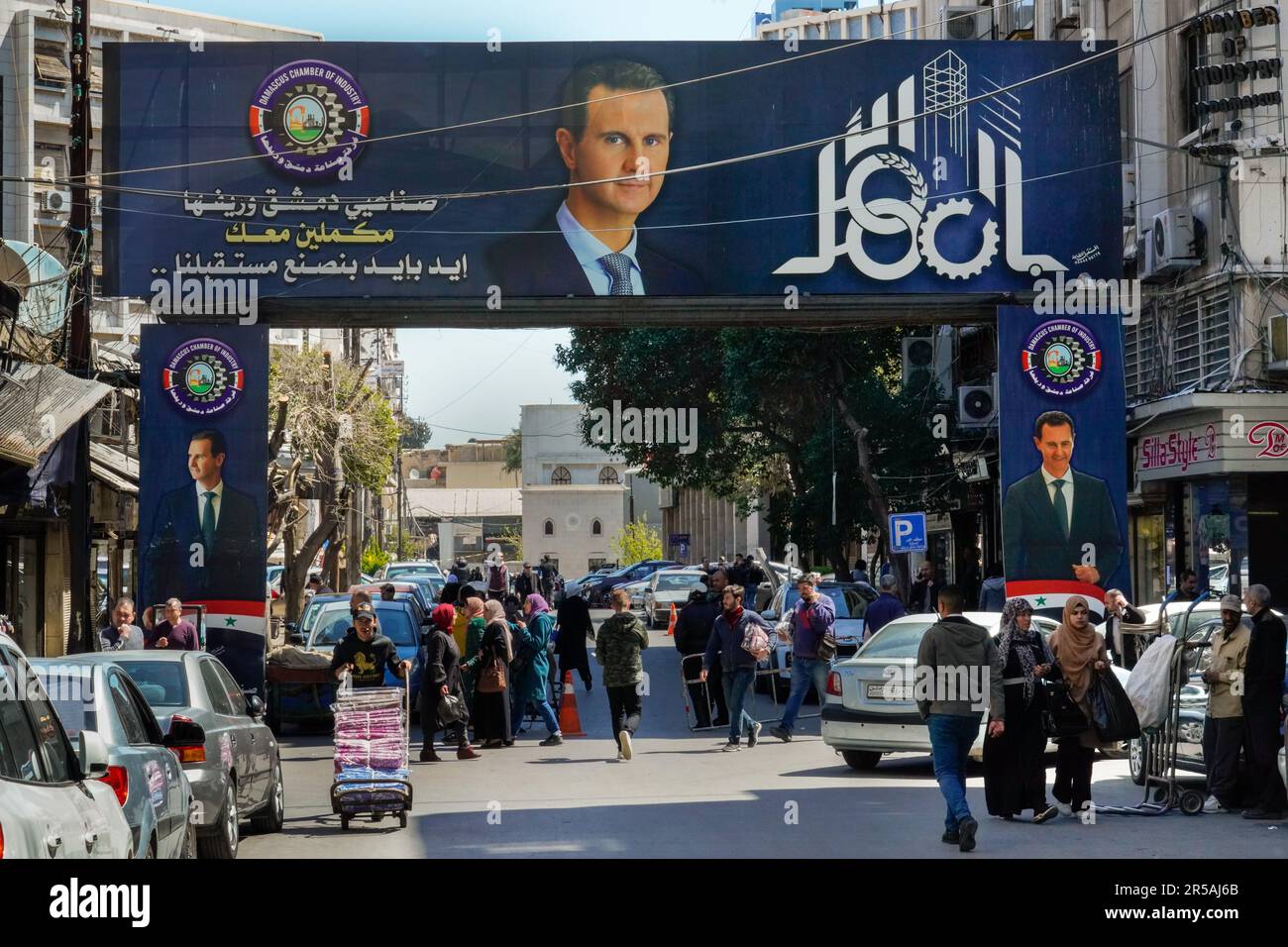 Large posters with the portrait of President Bashar al-Assad in Damascus, Syria Stock Photo