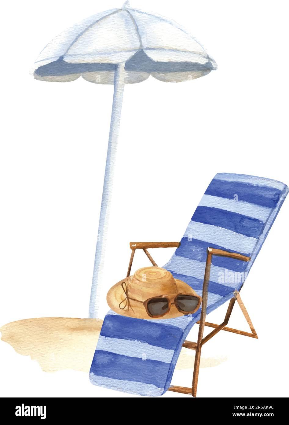 The composition of the sea beach is a chaise longue, hat and sunglasses,  highlighted on a white background. Watercolour Stock Vector Image & Art -  Alamy