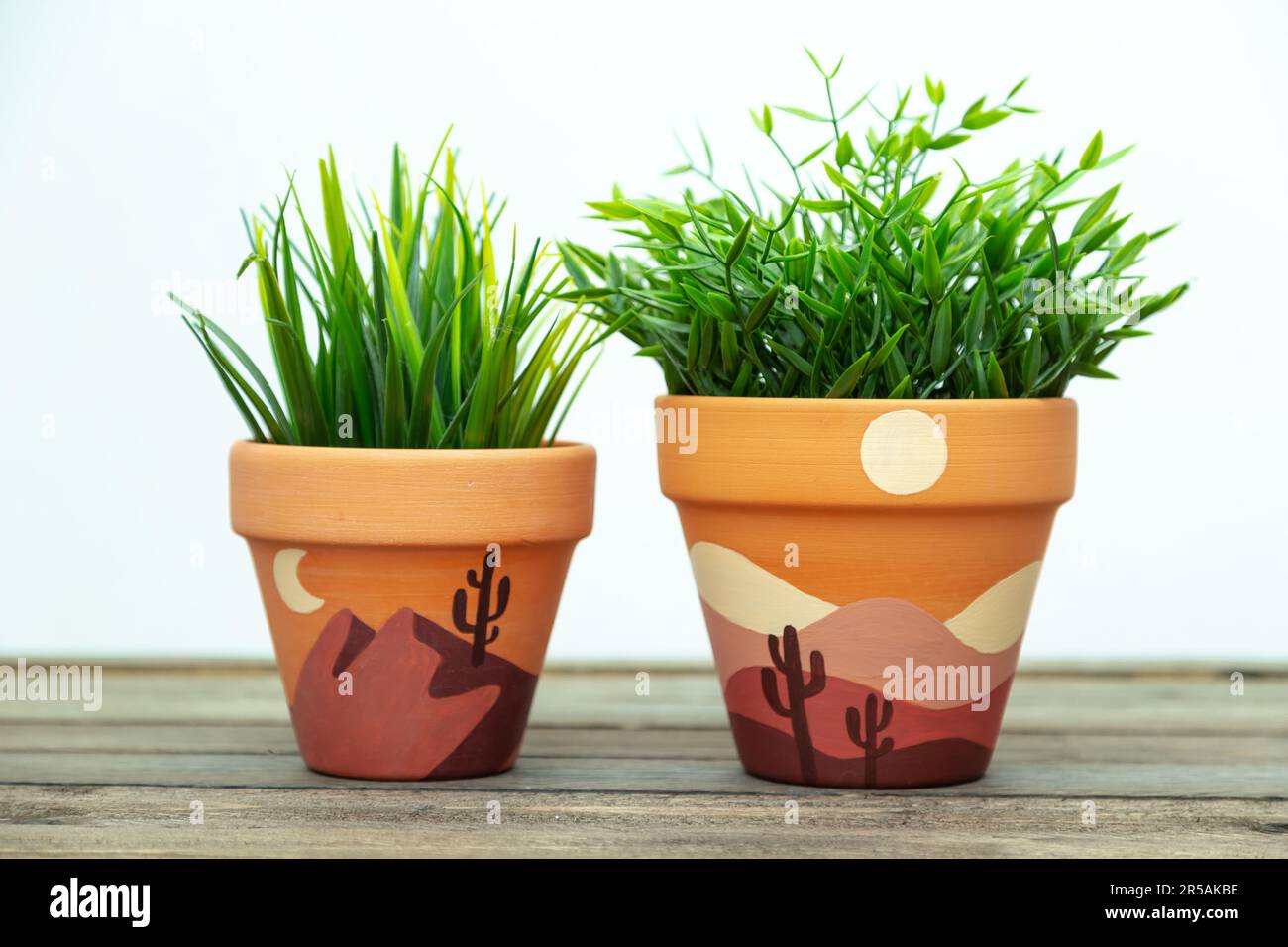 Artificial plant in a clay terracotta pot. Hand painted with acrylics