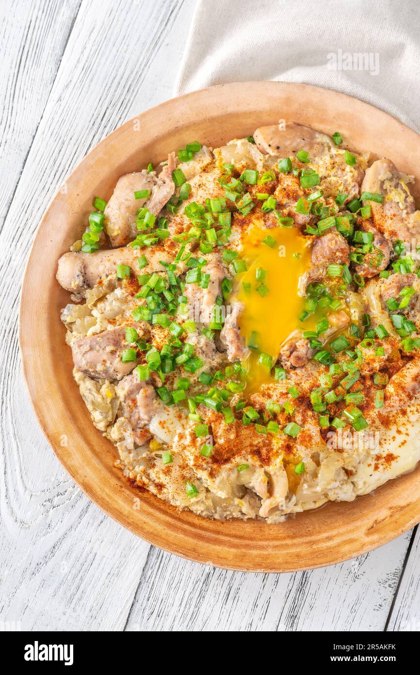 Oyakodon Japanese bowl dish with chicken, onion, egg and sliced