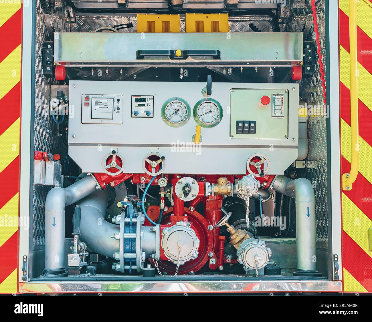Control panel of the water supply system in fire truck. Water pump in