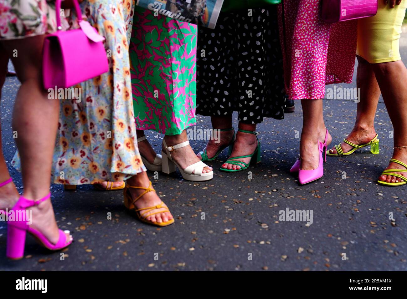A general view of racegoers high heels ahead of ladies day of the 2023 Derby Festival at Epsom Downs Racecourse, Epsom. Picture date: Friday June 2, 2023. Stock Photo