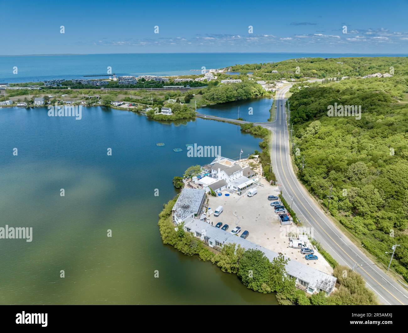 aerial view of surf lodge and surrounding area Stock Photo