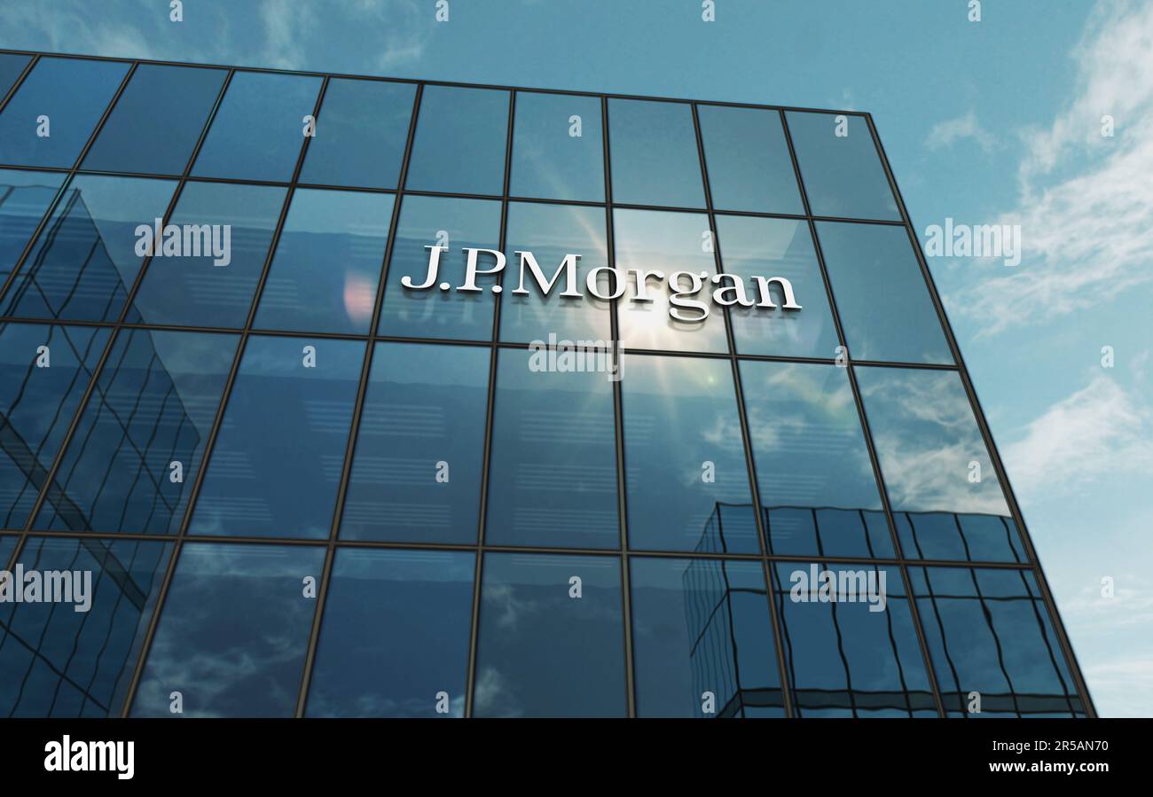 New York, USA, May 31, 2023: J.P.Morgan bank corporation headquarters glass building concept. JP Morgan banking company symbol on front facade 3d illu Stock Photo