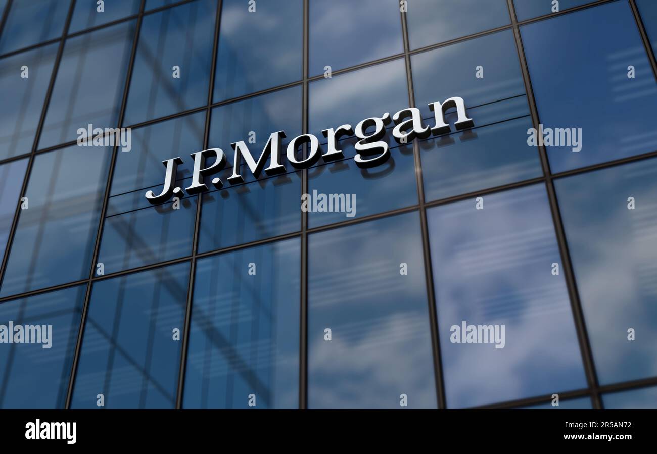 New York, USA, May 31, 2023: J.P.Morgan bank corporation headquarters glass building concept. JP Morgan banking company symbol on front facade 3d illu Stock Photo