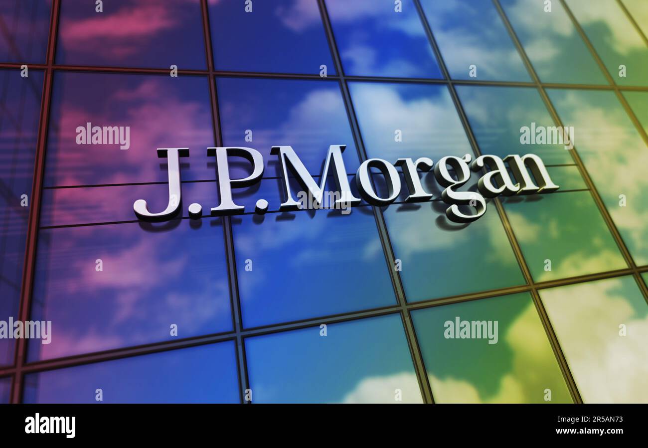 New York, USA, May 31, 2023: J.P.Morgan bank corporation headquarters glass building concept. JP Morgan banking company symbol on front facade 3d illu Stock Photo