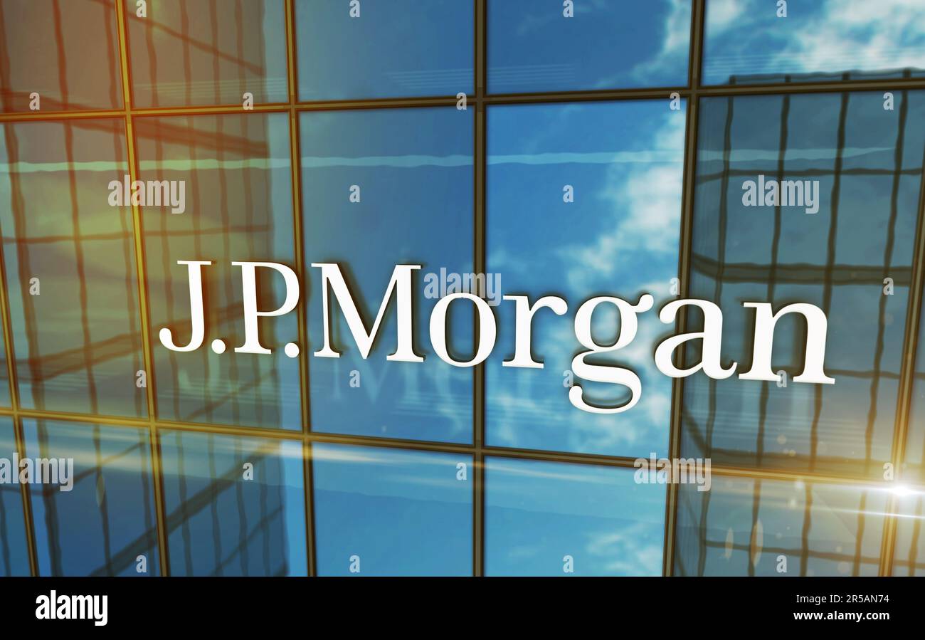 New York, USA, May 31, 2023: J.P.Morgan bank corporation headquarters glass building concept. JP Morgan banking company symbol on front facade 3d illu Stock Photo