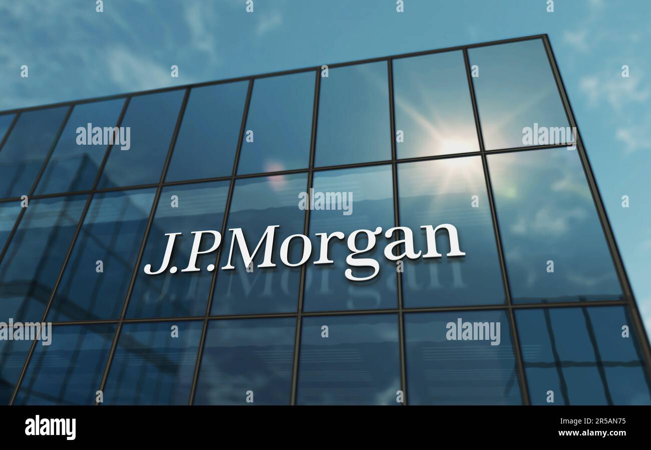 New York, USA, May 31, 2023: J.P.Morgan bank corporation headquarters glass building concept. JP Morgan banking company symbol on front facade 3d illu Stock Photo