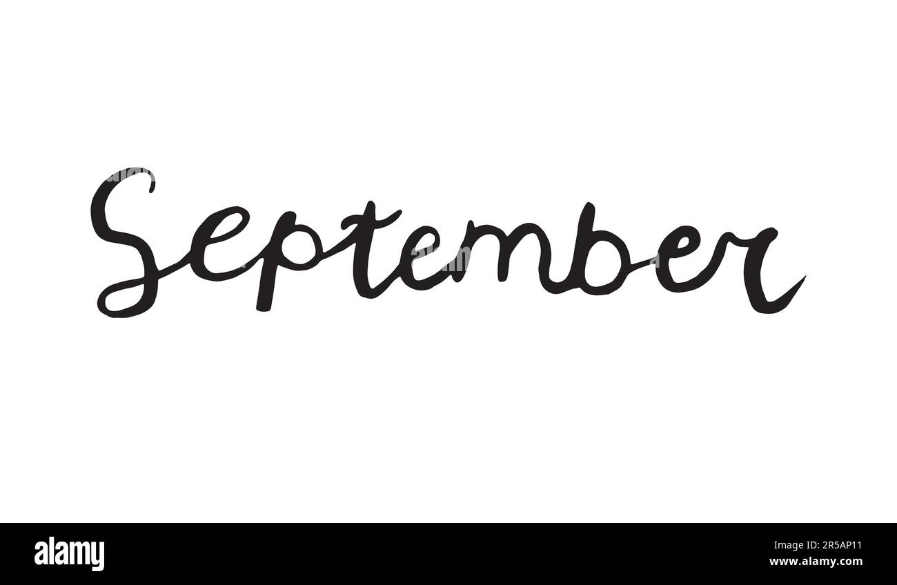 Handwritten lettering word September black color isolated. School concept for students. Stock Vector