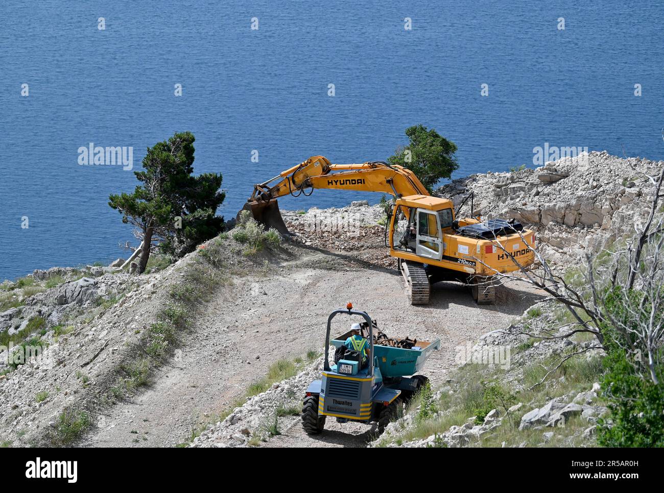 Brela, Croatia. 02nd June, 2023. Demolition of seven illegally built buildings built by entrepreneur Stipe Latkovic has begun. The buildings of a well-known entrepreneur in the devastated Vruja bay between Makarska and Omis, which has become a symbol of illegal construction on the Adriatic, are being removed, in Uvala Vruja, Croatia, on June 02, 2023. Photo: Matko Begovic/PIXSELL Credit: Pixsell/Alamy Live News Stock Photo