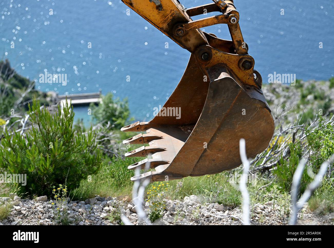 Brela, Croatia. 02nd June, 2023. Demolition of seven illegally built buildings built by entrepreneur Stipe Latkovic has begun. The buildings of a well-known entrepreneur in the devastated Vruja bay between Makarska and Omis, which has become a symbol of illegal construction on the Adriatic, are being removed, in Uvala Vruja, Croatia, on June 02, 2023. Photo: Matko Begovic/PIXSELL Credit: Pixsell/Alamy Live News Stock Photo