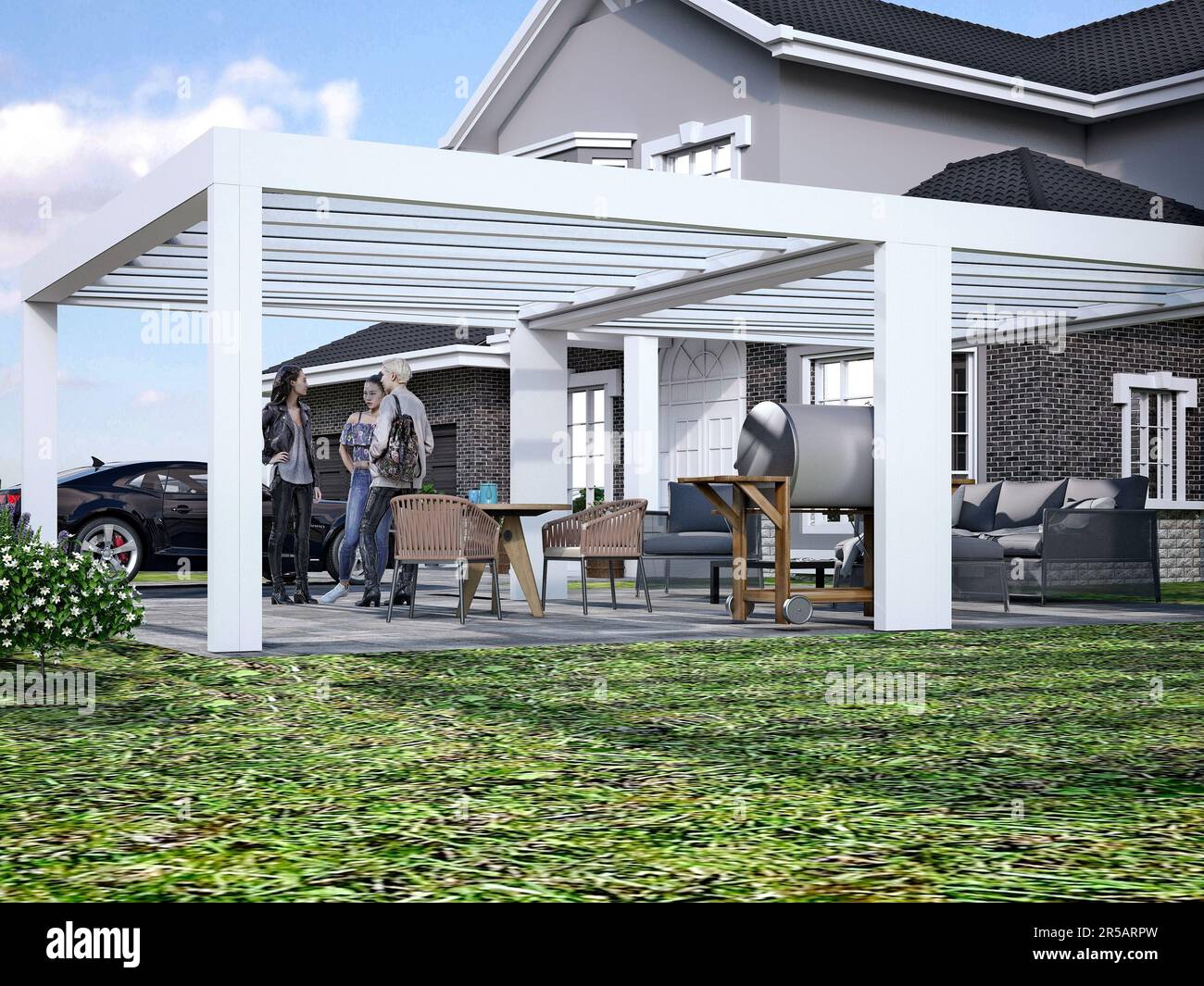 American house patio gazebo, pergola and sunroom. 3d rendering Stock ...