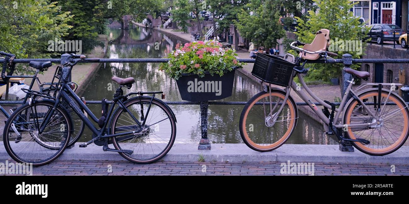 Utrecht, The Netherlands - June 07 2022: Two bikes next to Ivy Geranium on a bridge over the Oudegracht canal. Stock Photo