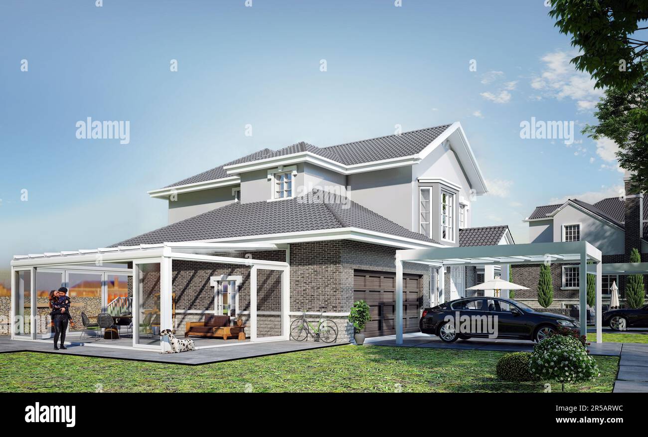 American house patio gazebo, pergola and sunroom. 3d rendering Stock ...