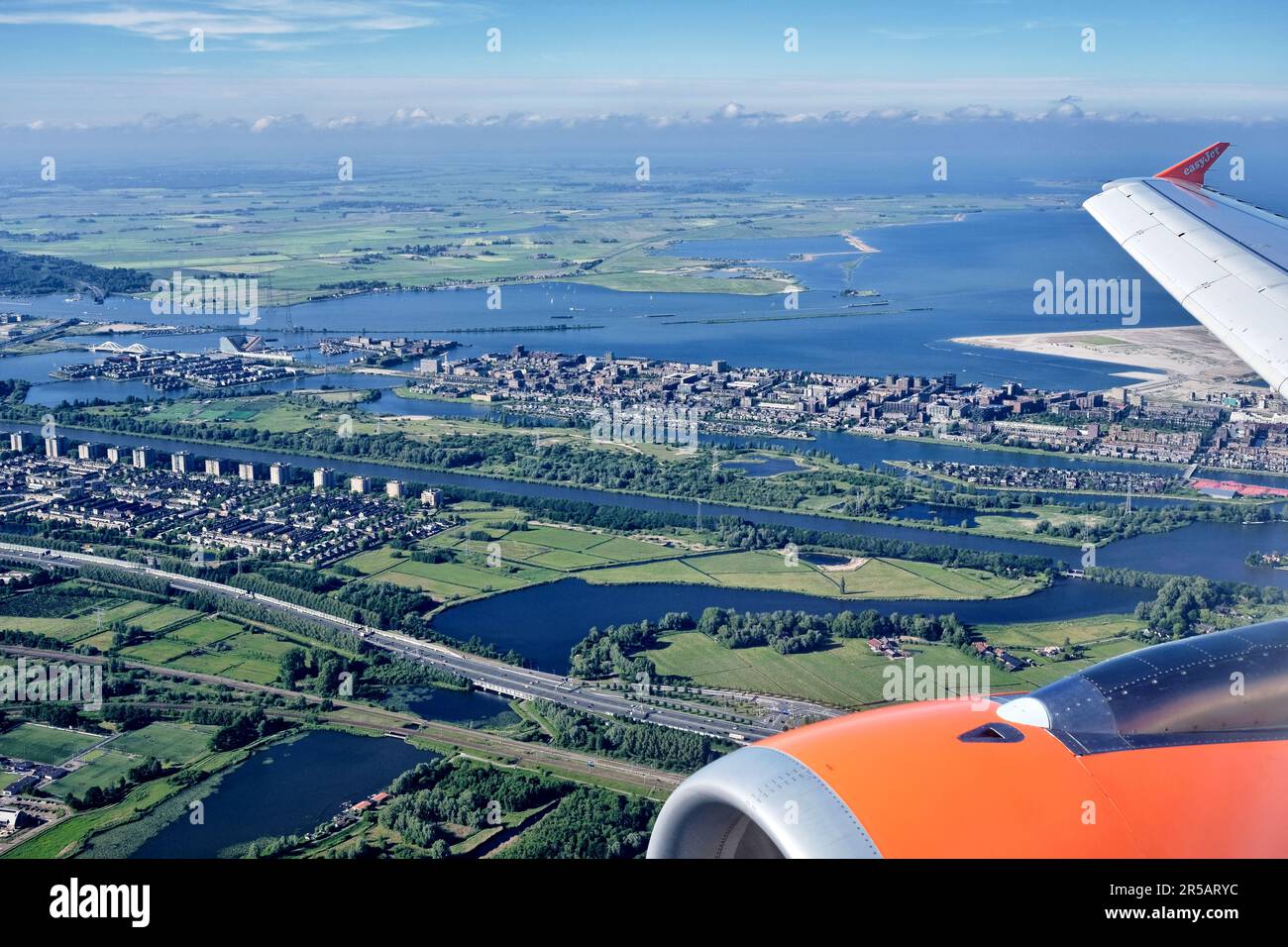 Aerial view of Diemenpolder, Rieteilanden with Ijmeer and Broek in Waterland in the distance Stock Photo