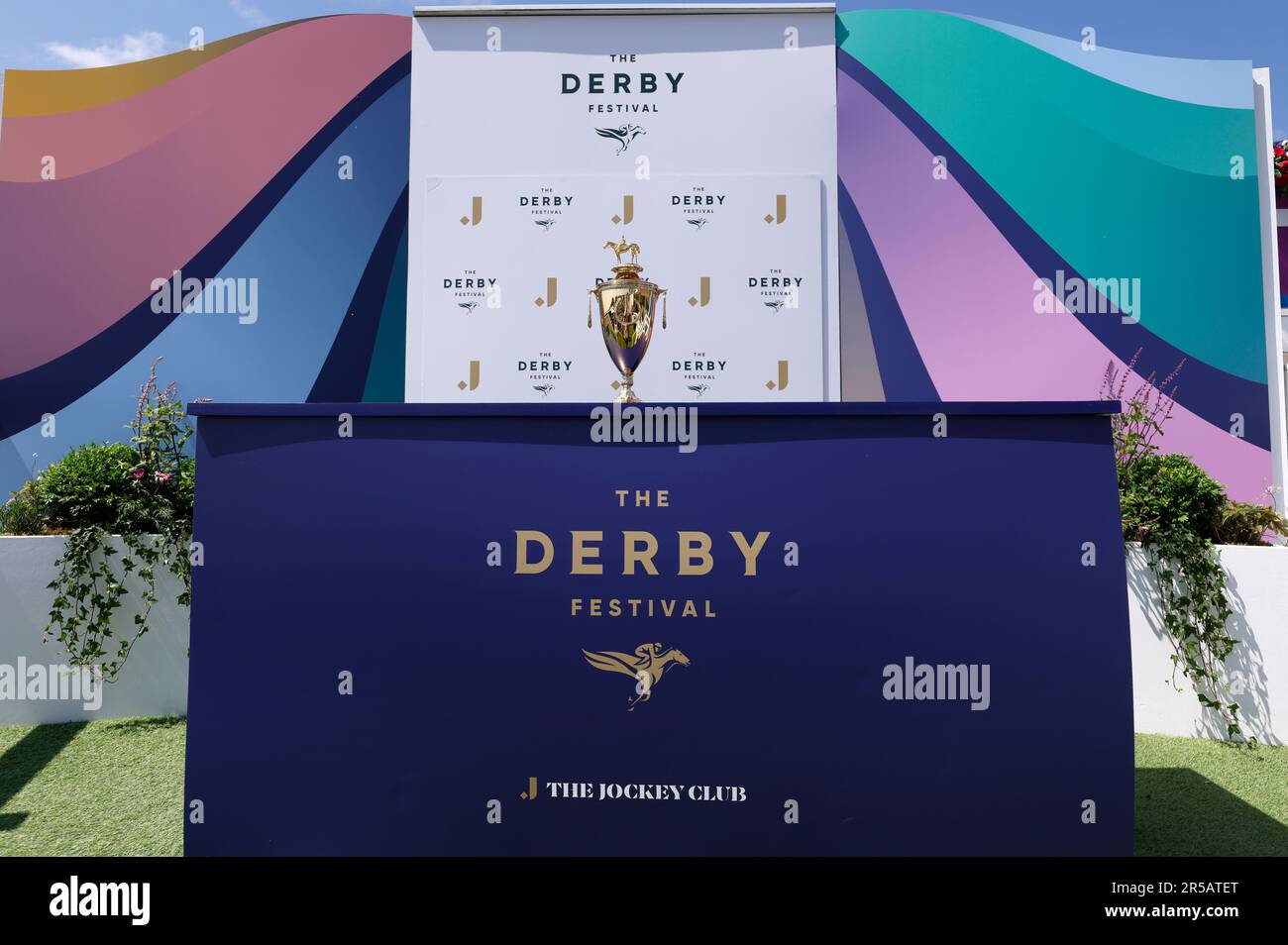 A replica of the Kentucky Derby Trophy is seen during ladies day of the