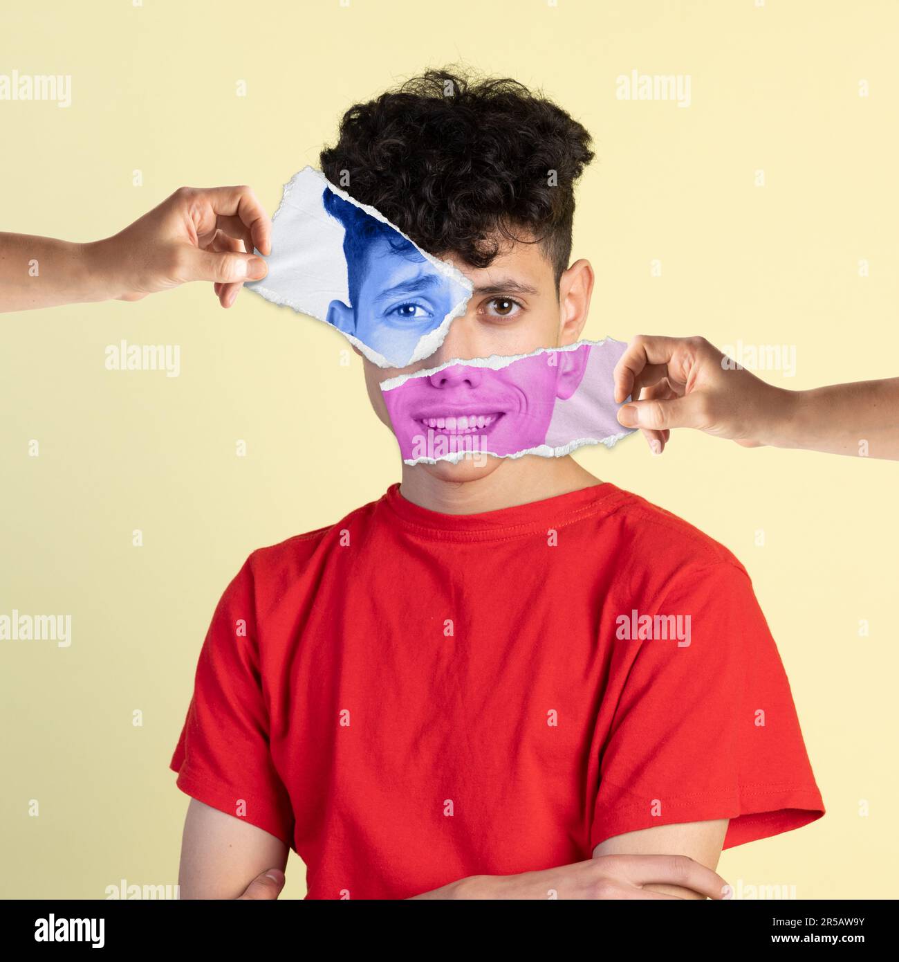 Combination of happiness and sadness. Young man with photo face parts