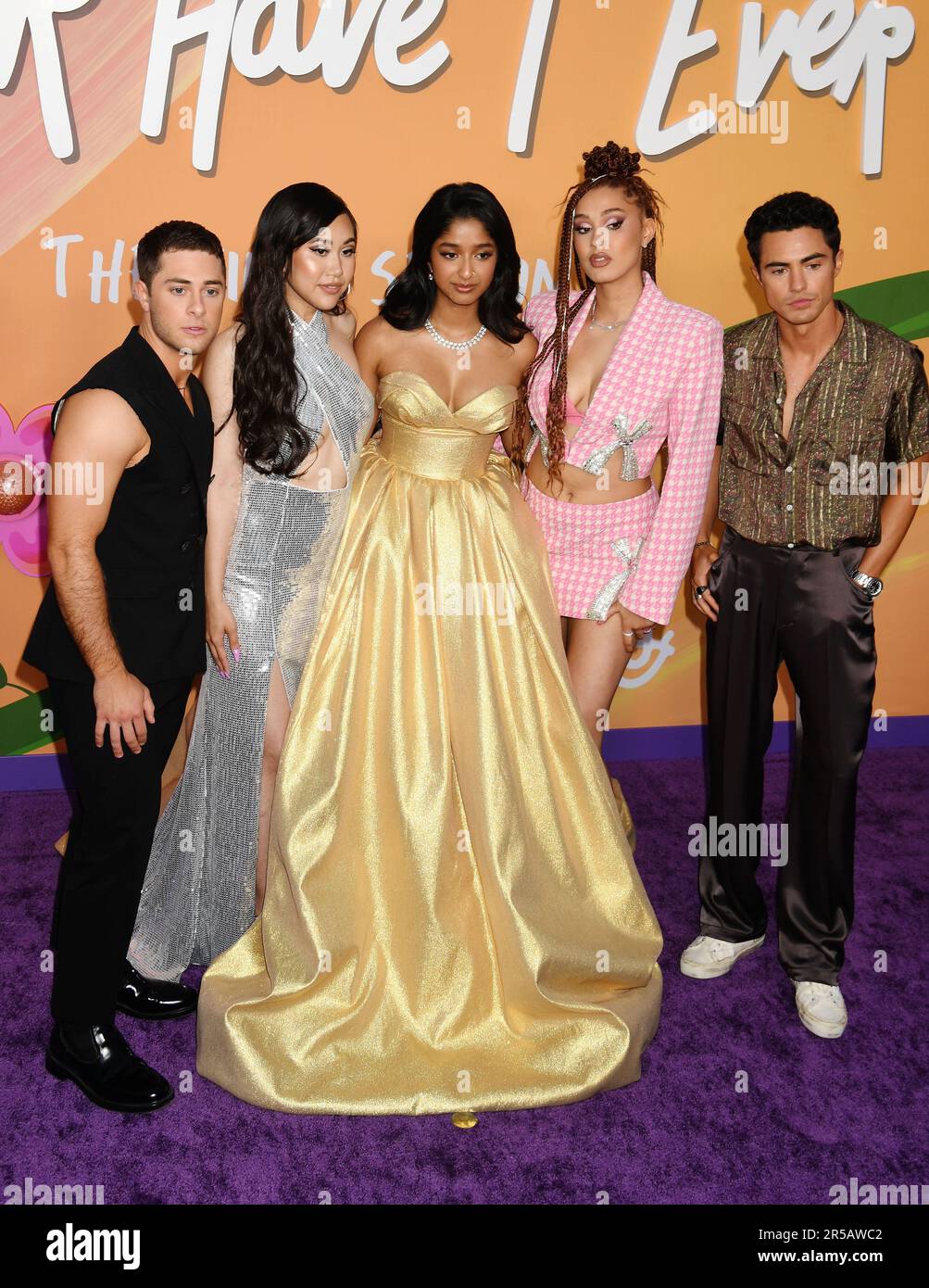 LOS ANGELES, CA - JUNE 01: (L-R) Jaren Lewison, Ramona Young, Maitreyi Ramakrishnan and Lee Rodriguez attend Netflix's "Never Have I Ever" Season 4 Pr Stock Photo