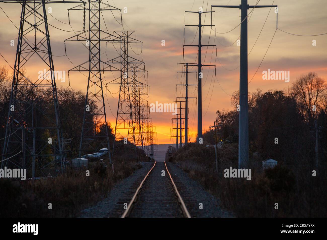 Vanishing point train tracks and golden hour power lines heading to the