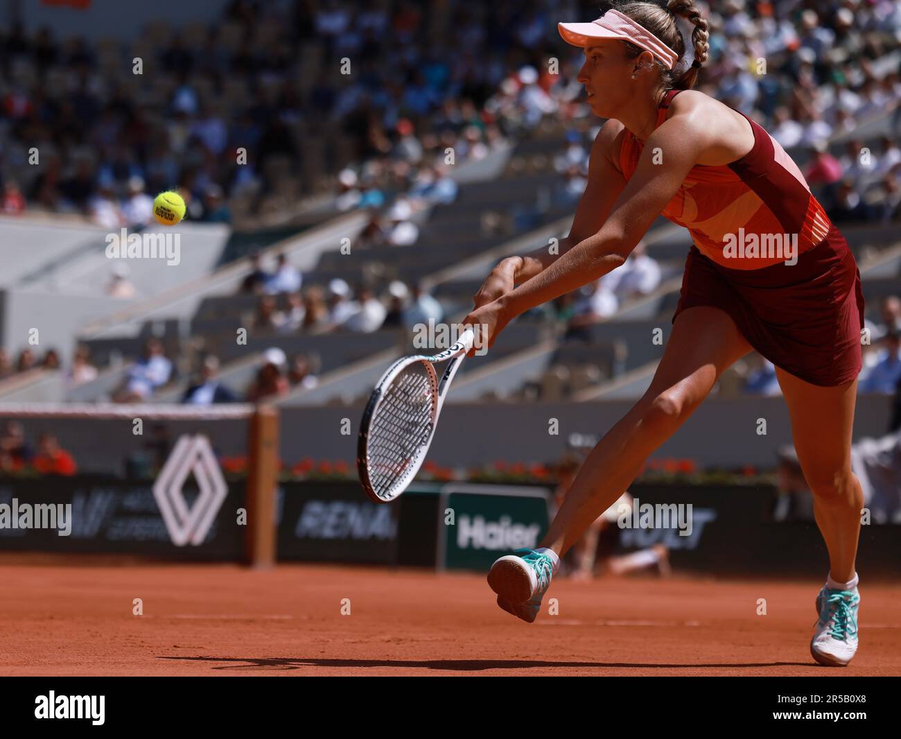 Paris, France. 2nd June, 2023. Elise Mertens of Belgium hits a return  during the women's singles third round match against Jessica Pegula of the  United States at the French Open tennis tournament